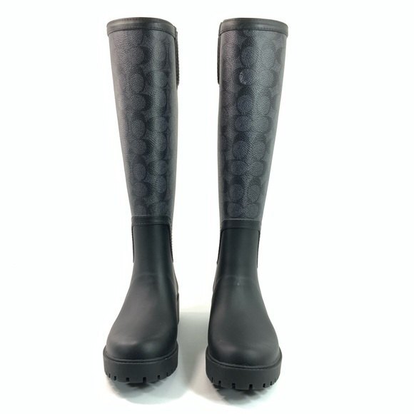 New Coach Monogrammed Tall Pull-on Rain Boots Black Gray 5 - Picture 4 of 11